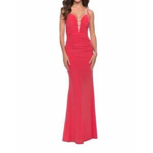 NEW LA FEMME net jersey long gown in coral